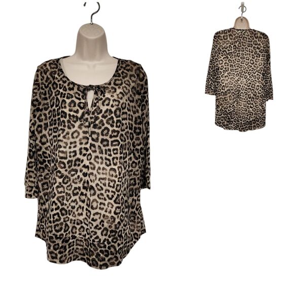 Chico's Leopard Animal Print 2 PC Sheer Tunic Blouse 3/4 Sleeve Color Brown L - Picture 1 of 12
